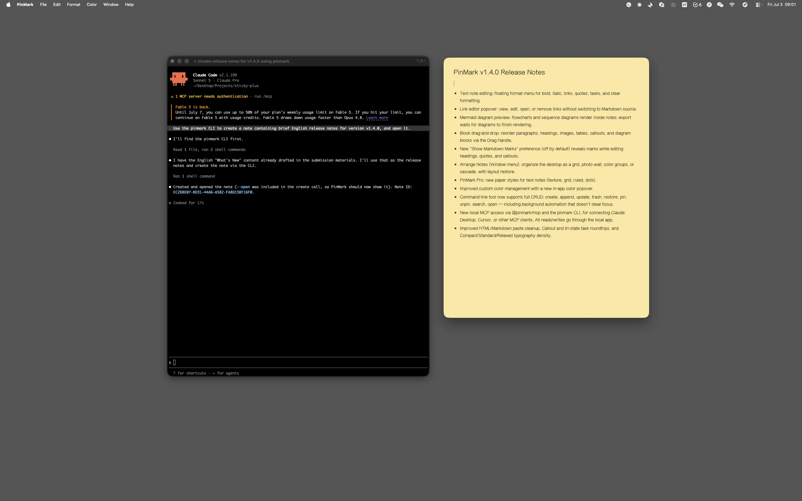 PinMark command-line workflow in a terminal alongside desktop notes