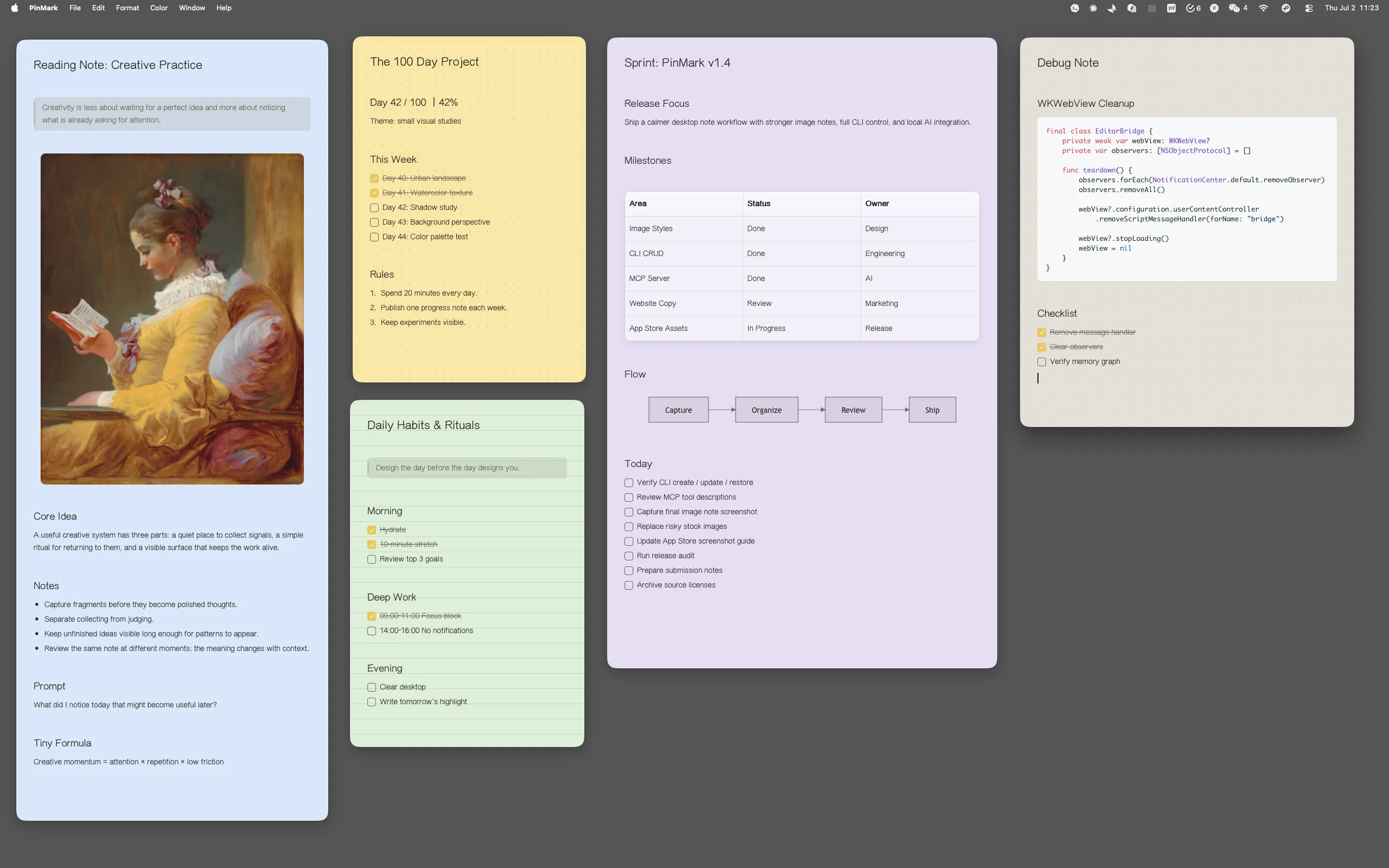 Five colorful PinMark notes on the desktop showing Markdown checklists, quotes, code, and LaTeX