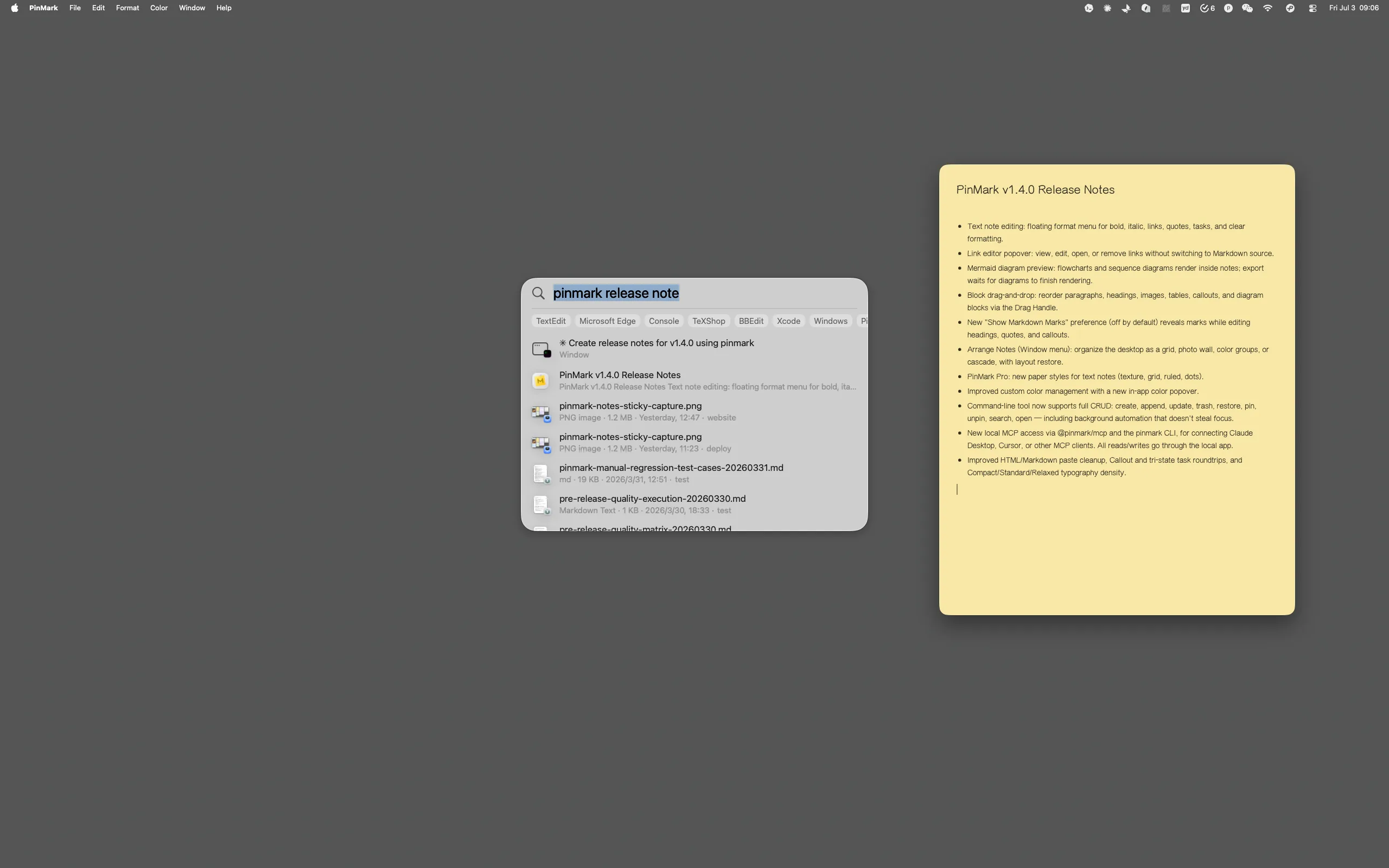 Finding a PinMark note through macOS Spotlight, with the note open on the desktop